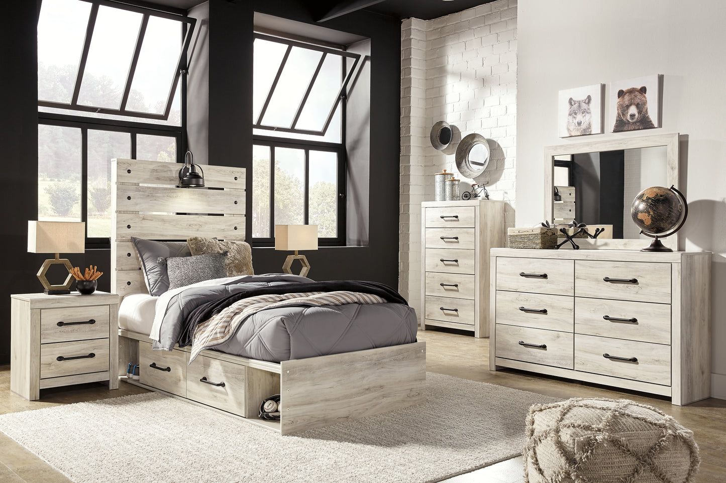 Cambeck Panel Bed With 2 Storage Drawers With Mirrored Dresser, Chest And 2 Nightstands