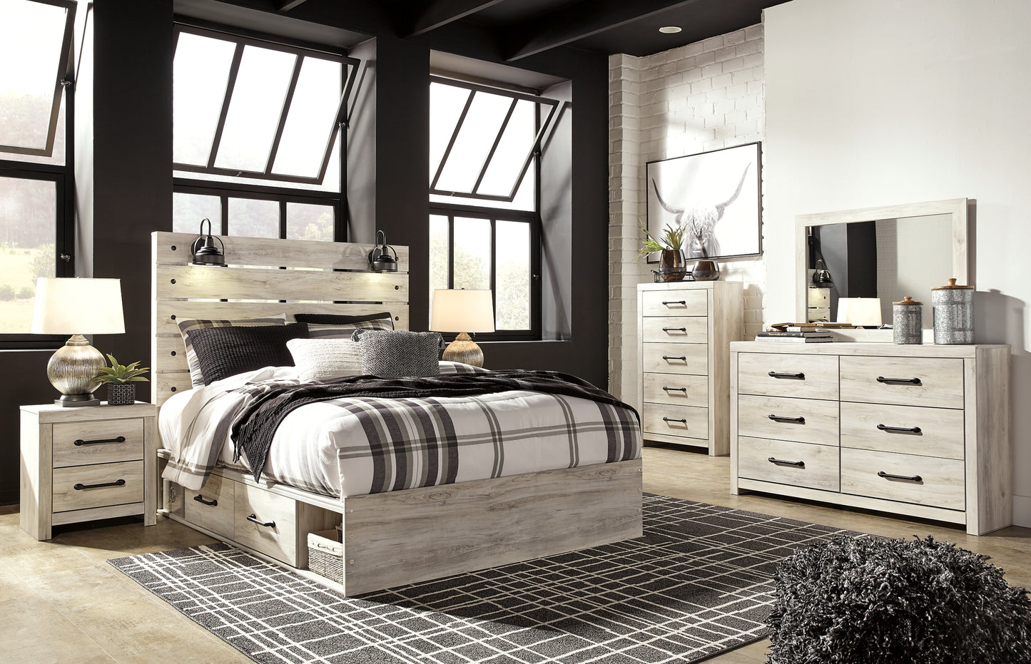 Cambeck Panel Bed With 2 Storage Drawers With Mirrored Dresser, Chest And 2 Nightstands