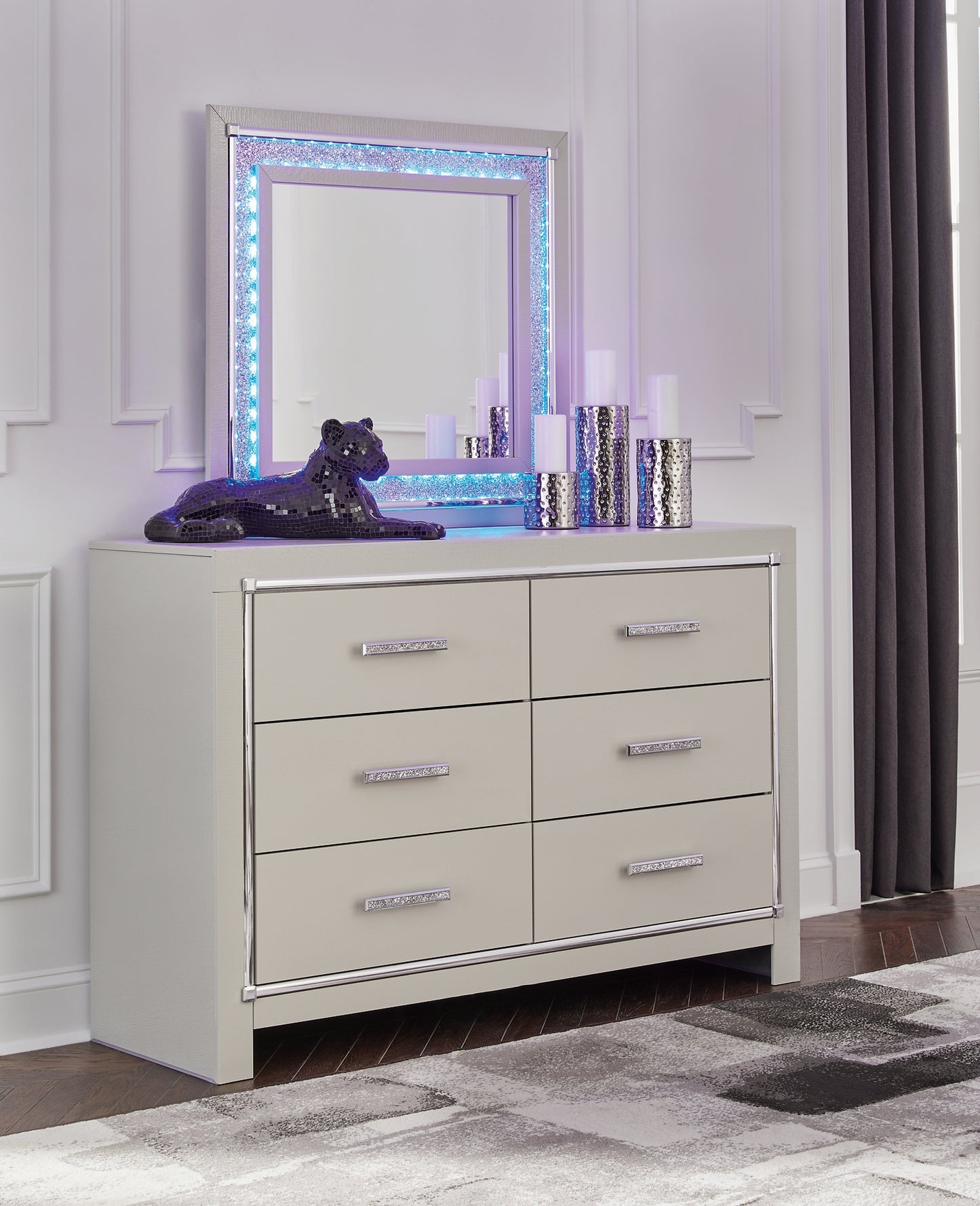 Zyniden King Upholstered Panel Headboard with Mirrored Dresser, Chest and Nightstand