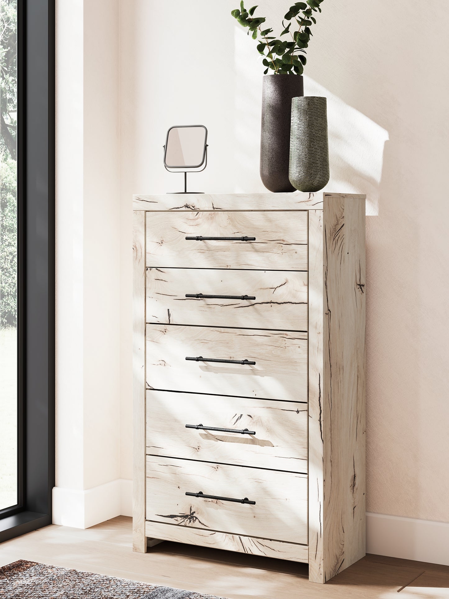King Panel Headboard with Mirrored Dresser, Chest and Nightstand