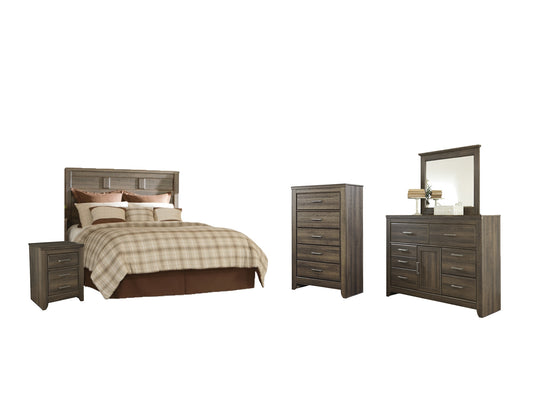 Juararo Queen Panel Headboard Bed with Mirrored Dresser, Chest and Nightstand