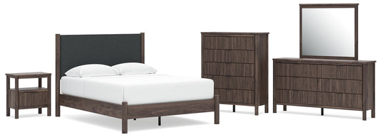 Pamytta Queen Upholstered Panel Platform Bed, Dresser, Mirror, Chest and Nightstand