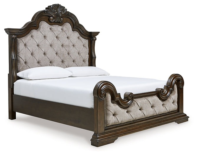 Maylee Queen Upholstered Bed with Mirrored Dresser, Chest and 2 Nightstands