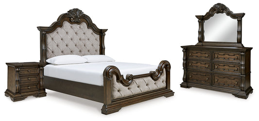 Maylee California King Upholstered Bed with Mirrored Dresser and Nightstand