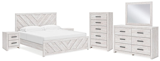 Cayboni King Panel Bed with Mirrored Dresser, Chest and 2 Nightstands