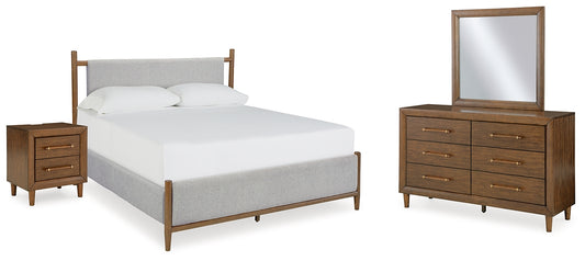 Lyncott California King Upholstered Bed with Mirrored Dresser and Nightstand