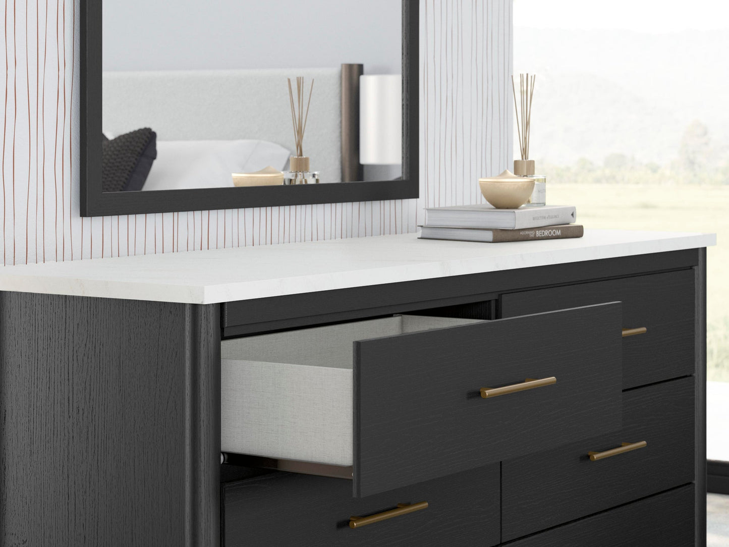 Cadmori King Upholstered Panel Bed, Dresser and Mirror