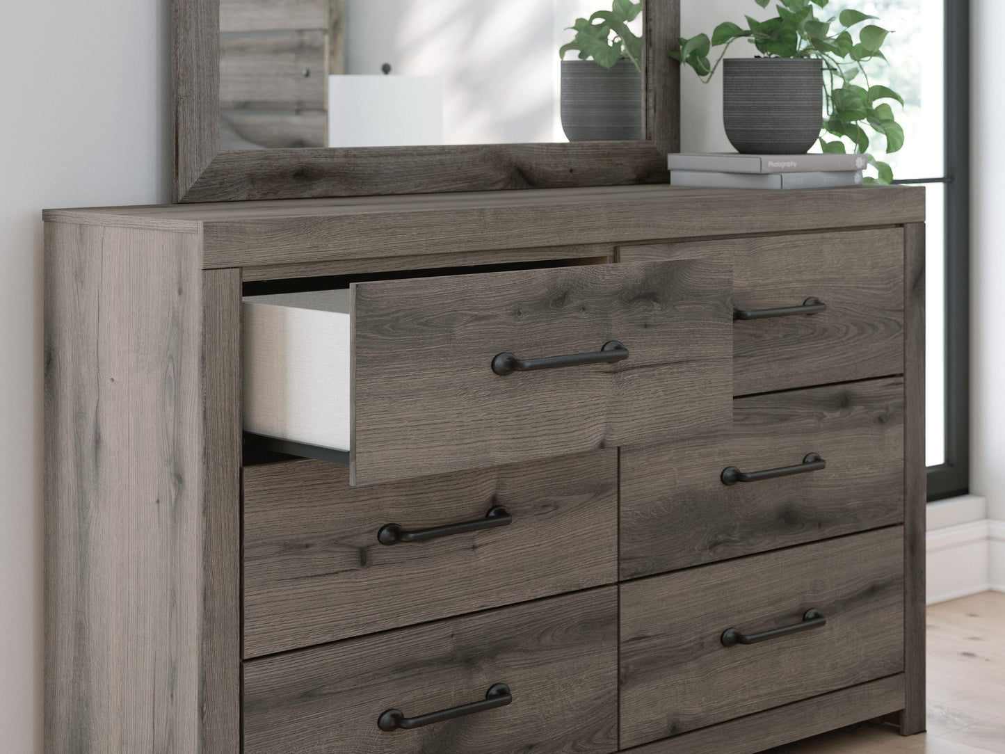 Graystorm Full Panel Bed with Storage, Dresser and Mirror