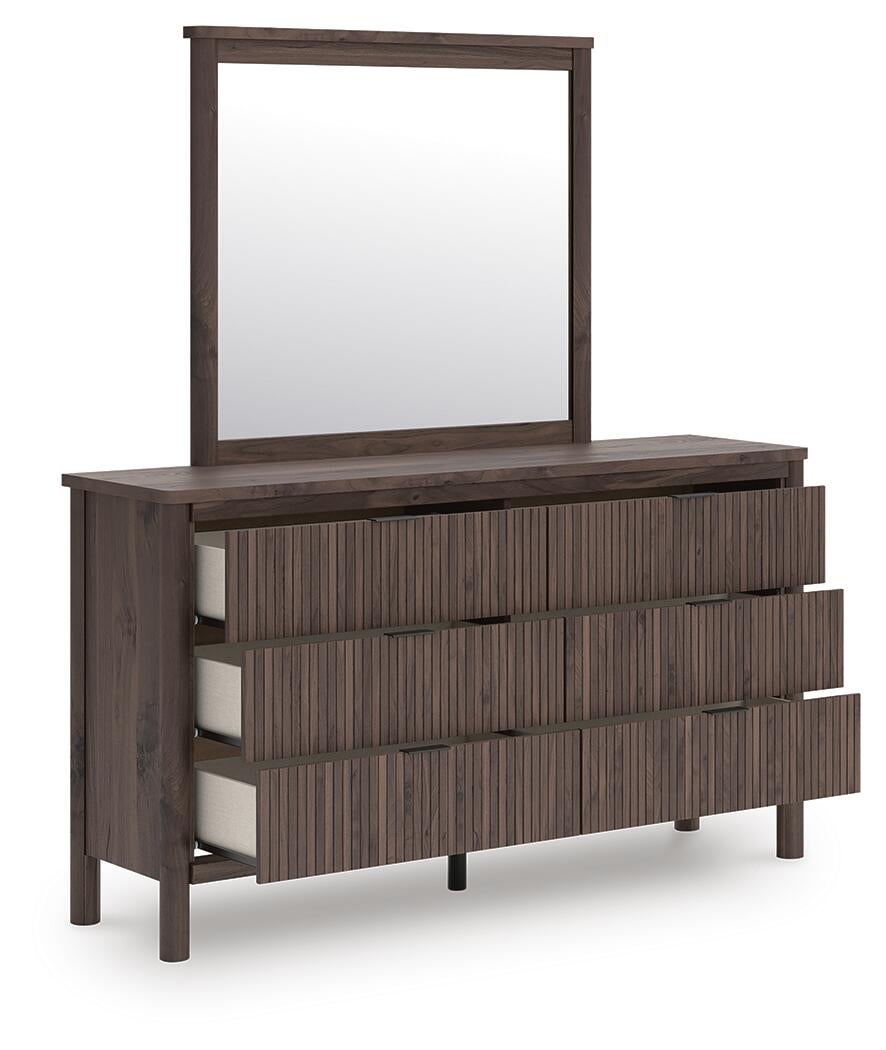 Cadmori Twin Upholstered Panel Bed, Dresser and Mirror