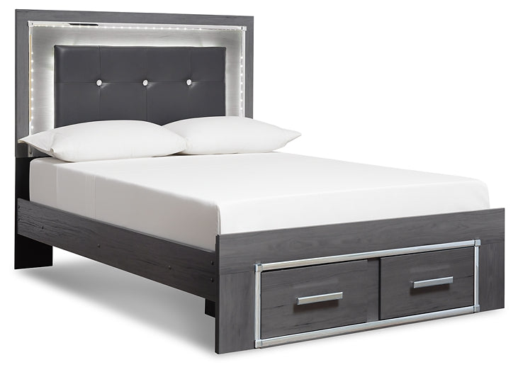 Lodanna Queen Panel Bed with 2 Storage Drawers with Mirrored Dresser, Chest and Nightstand