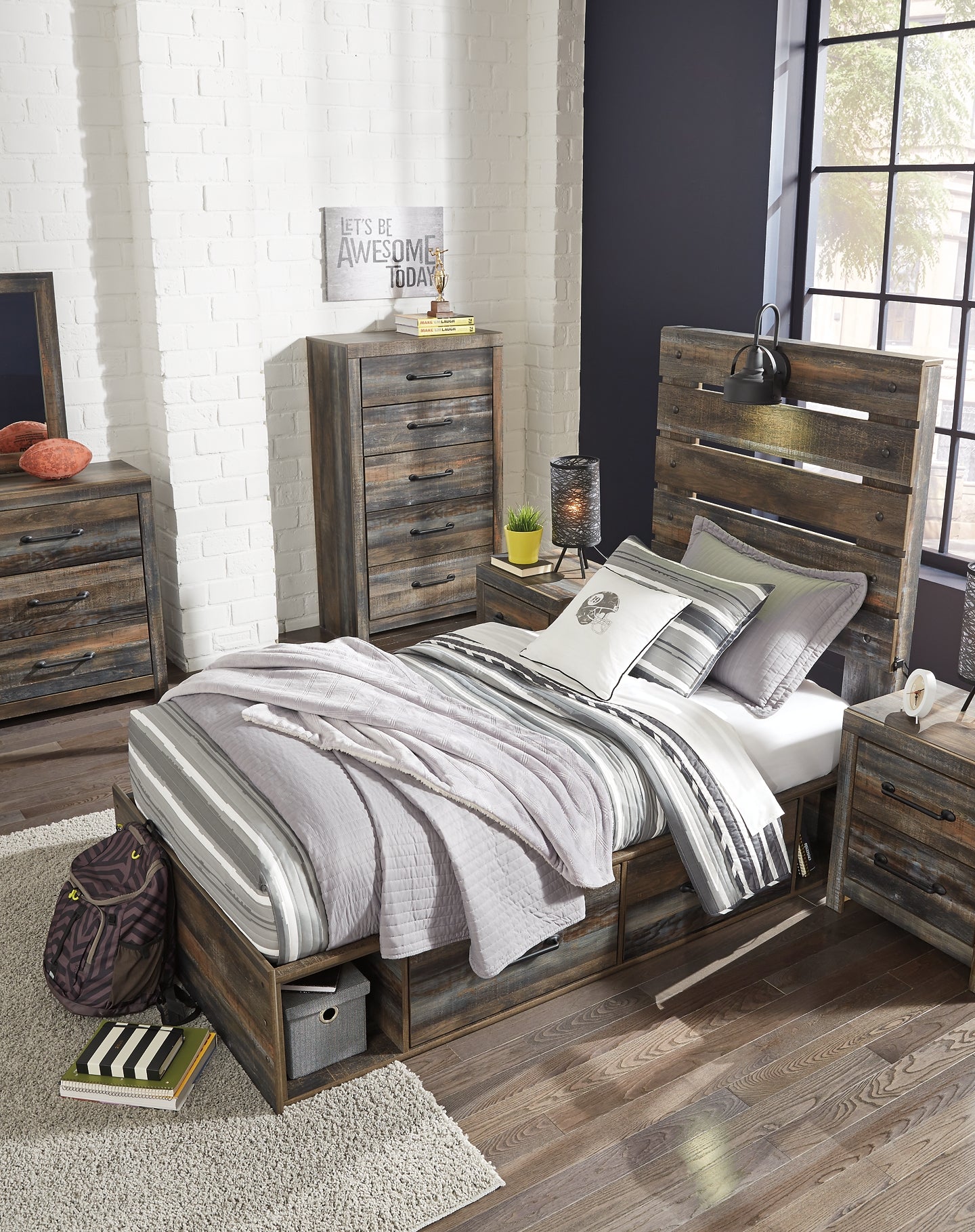 Drystan Full Panel Bed with 4 Storage Drawers with Mirrored Dresser, Chest and Nightstand