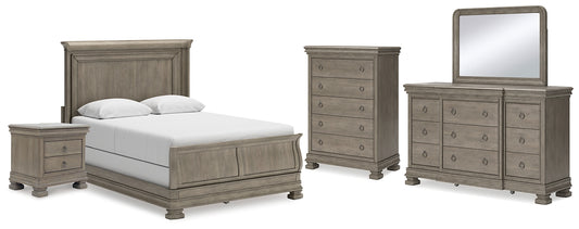 Lexorne Queen Sleigh Bed with Mirrored Dresser, Chest and Nightstand